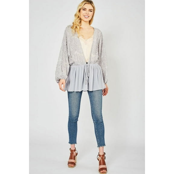 ENTRO Textured Peplum Cardigan Top with a Draw String Closure (Large)