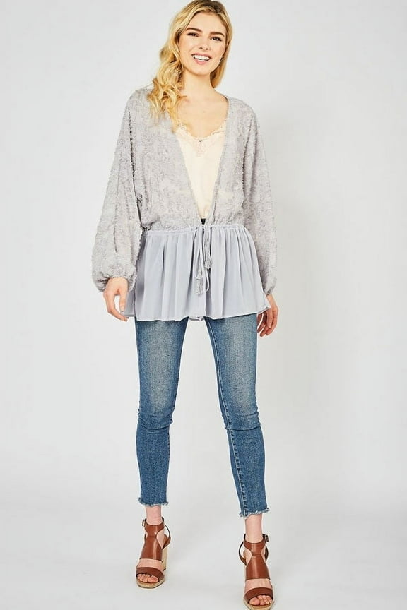 Textured Peplum Cardigan Top with a Draw String Closure (Large)