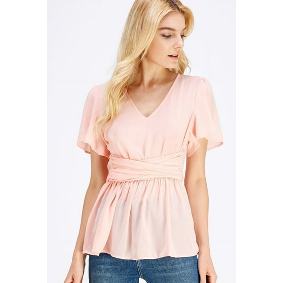 ENTRO V-Neck Wrap Top Featuring Self-Tie Waist (Large)