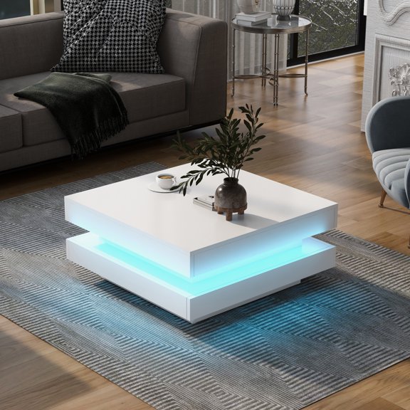 ENTU 2 Tier Square Coffee Table High Gloss LED Light 31.5x31.5x14.2 Inch White
