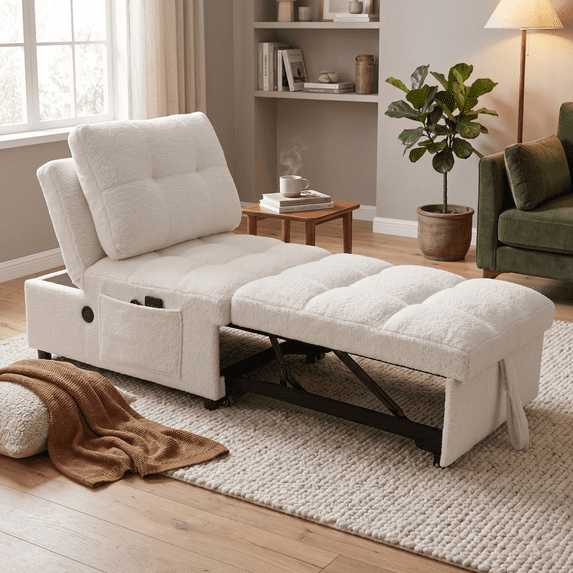 ENTU 35.43 Inch White Single Armless Sofa Bed Teddy Fabric USB Port Side Storage Adjustable Backrest for Small Apartment Living Room Study