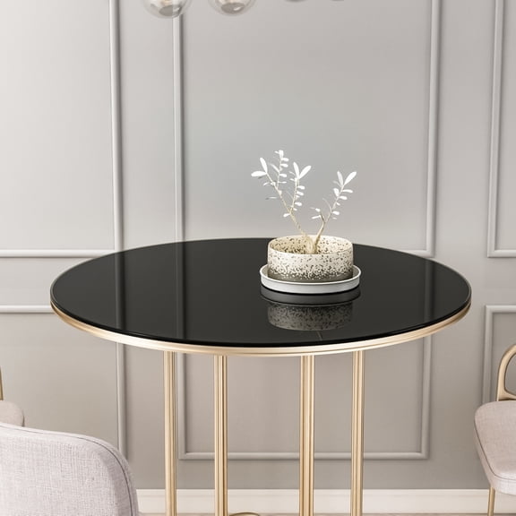 ENTU 36 Inch Round Tempered Glass Table Top Black 0.24 in Thick Polished Edge