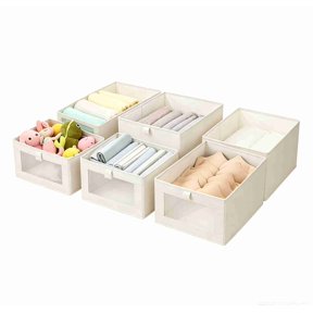 ENTU 4 Pack Beige Foldable Storage Bins Clear Window Washable Organizer Baskets For Home Closet Use