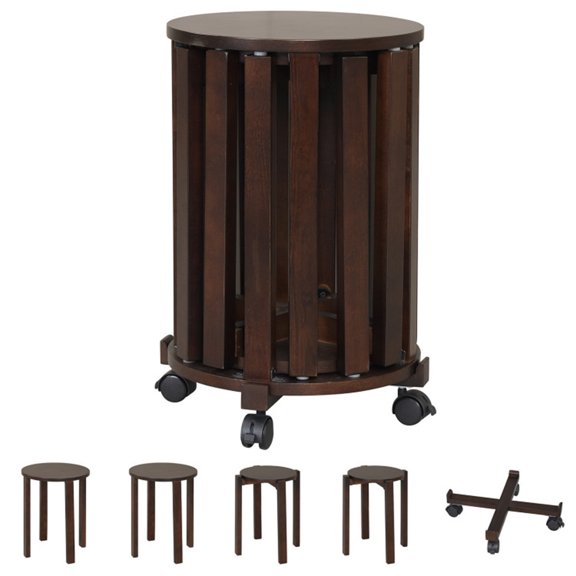 ENTU 4-Piece Stackable Nesting Stools Set with Lockable Rolling Base Solid Rubber Wood Dining Stools for Extra Seating Walnut