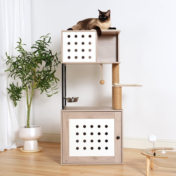 ENTU 47.24 Inch All-in-One Cat Tree with Litter Box Enclosure Gray White Hammock Bed Food Station Scratching Posts