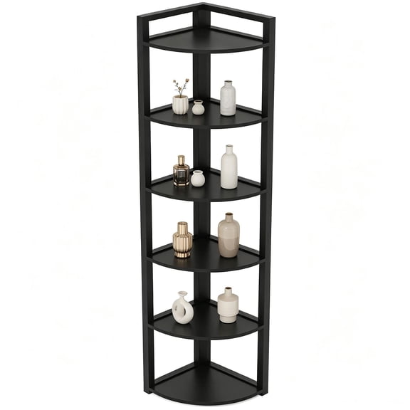 ENTU 6Tier Rustic Corner Shelf 70.9 Inch Tall Board Metal Frame Storage Rack Living Room Bedroom Bathroom Balcony