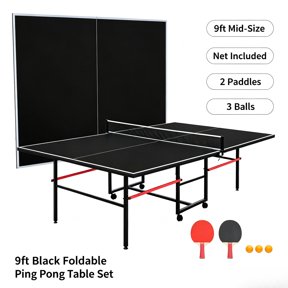 ENTU 9ft Foldable Table Tennis Table Portable Mid-Size Indoor Ping Pong Set with Net 2 Paddles and 3 Balls Black Game Table