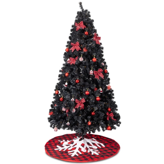 ENTU Artificial Black Christmas Tree Hinged Pine Tree with 350 Warm White LED Lights Red Ornaments and Tree Skirt Flame-Retardant for Home Office Holiday Party Decor