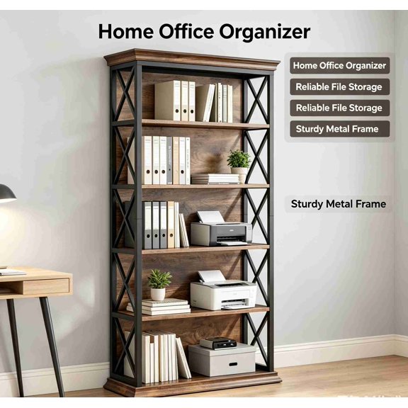 ENTU Black Industrial 5 Tier Open Storage Bookcase X Side Frame Heavy Load Display Shelf For Home Office Decor