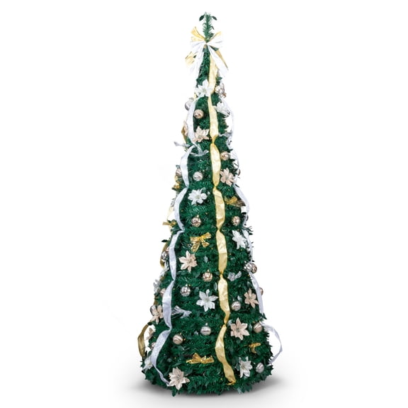 ENTU Christmas Tree Collapsible Artificial Xmas Tree with 200 Warm LED Lights Remote Control Golden & Silver Ornaments for Home Office Holiday Decoration