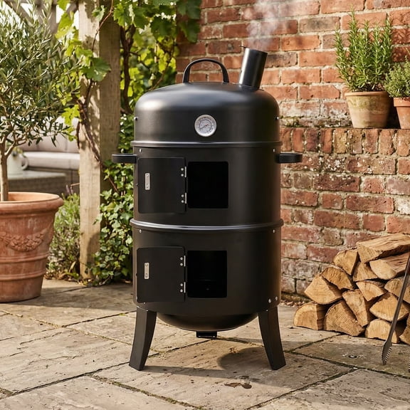 ENTU Cylindrical Charcoal Smoker with Chimney Black Powder Coated Iron Outdoor BBQ Grill 33 Inch Height