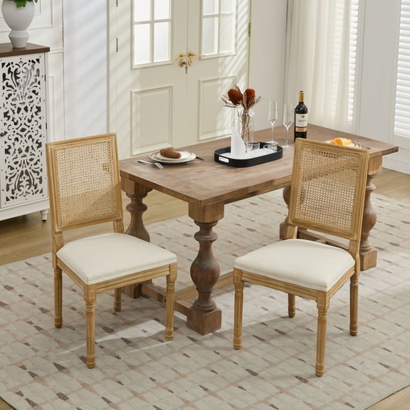ENTU French Decor Chairs Set of 2 Louis Dining Chairs Square Rattan Backrest Carved Rubberwood Frame Beige Fabric 20.90x19.70x38.80in 14.50lbs