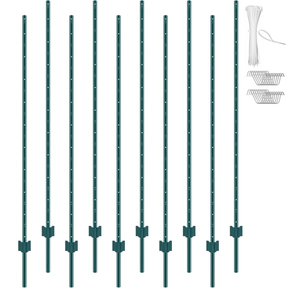 ENTU Green T-Post Fence Posts 6 Feet Heavy Duty Metal Stakes 10 Pack with Clips and Zip Ties for Garden Farm and Wire Fencing Support