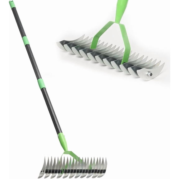 ENTU Heavy Duty Lawn Thatch Rake 54 Inch Adjustable Long Handle 13 Inch Wide 11 Steel Tines Manual Dethatcher Tool for Yard Garden Soil Loosening Dead Grass Removal