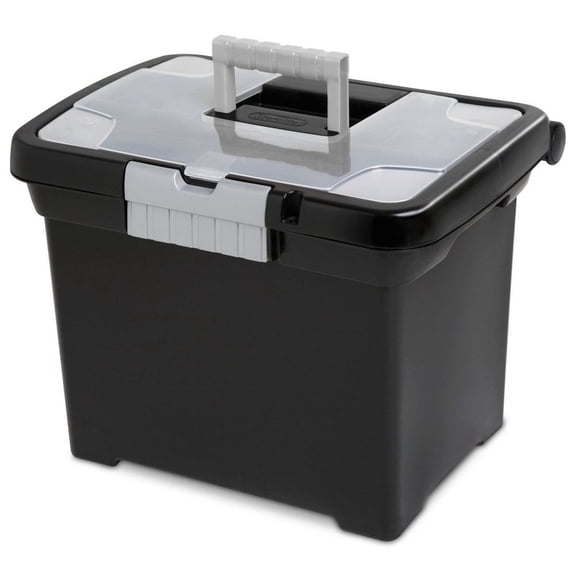 ENTU Medium Letter File Box Black Plastic Organizer with Handle Clear Cover 8.5x11 Inch 15 x 10 7/8 x 11 1/2 Inch