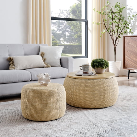 ENTU Natural Woven Rattan Fabric Round Storage Ottoman 2 in 1 End Table 25x25x14.7 in