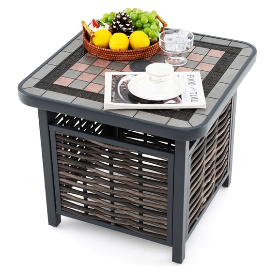 ENTU Outdoor PE Rattan Side Table Square End Table 21.5in Umbrella Hole 21.5in 21.5in 19.5in 25lbs