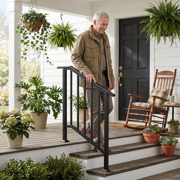 ENTU Outdoor Steps Handrails Fits 2 to 3 Steps Wrought Iron Stair Railing 600 lbs Capacity
