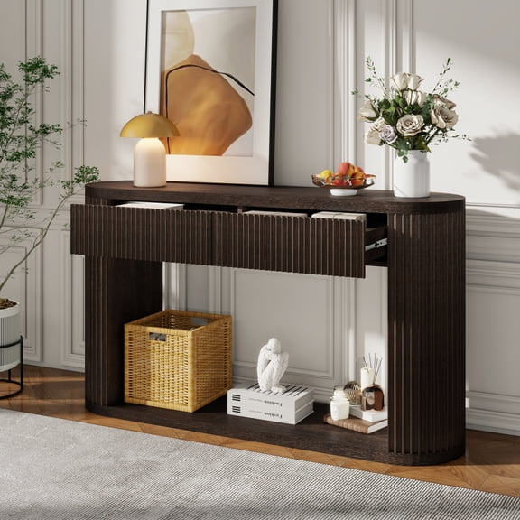 ENTU Oval Fluted Console Table 2 Drawers Bottom Shelf Solid Wood MDF Espresso