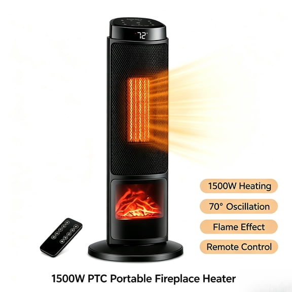 ENTU Portable Fireplace Space Heater Quiet Electric Tower Heater with 70 Oscillation Adjustable Thermostat 7 Color Flame Child Lock & Overheat Tip-Over Safety for Bedroom Living Room