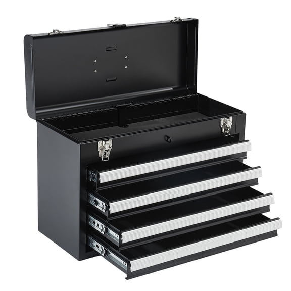 ENTU Portable Metal Tool Box with 4 Drawers Black Tool Organizer with Auto-Locking System, Ball-Bearing Slides EVA Lining Top Handle for Garage Workshop Jobsite and Vehicle Storage