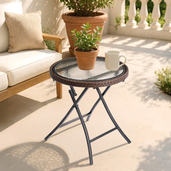 ENTU Round Rattan Patio Side Table Foldable Wicker Table Tempered Glass Top Portable Outdoor End Table for Lawn Garden Balcony Pool Brown