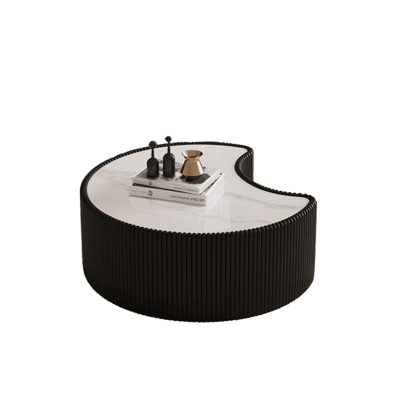 ENTU Round Sintered Stone Coffee Table with Irregular Shape and  Leather Base BLAK