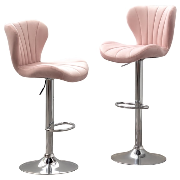 ENTU Set of 2 Pink Adjustable Swivel Barstools Velvet Upholstered with Chrome Base & Footrest