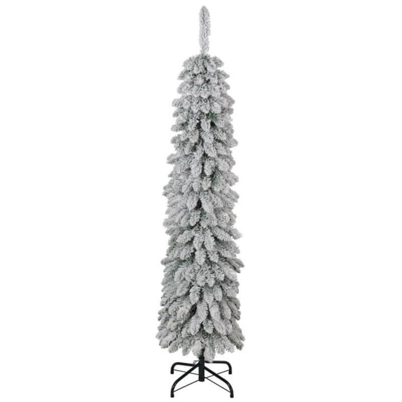 ENTU Slim Pencil Snow-Flocked Artificial Christmas Tree Green Unlit Xmas Tree with 301 Lifelike Branch Tips and Metal Stand for Indoor Holiday Decoration