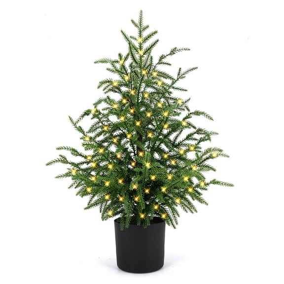 ENVEN 2ft Pre-Lit Norfolk Pine Artificial Green Christmas Tree 24" Real Touch Potted Decorative Planter Topiary