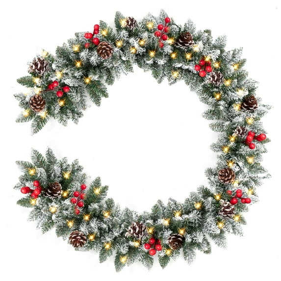 ENVEN 9FT Pre-Lit Flocked Christmas Garland with Ornaments 50LED 8 modes Lights Battery Box