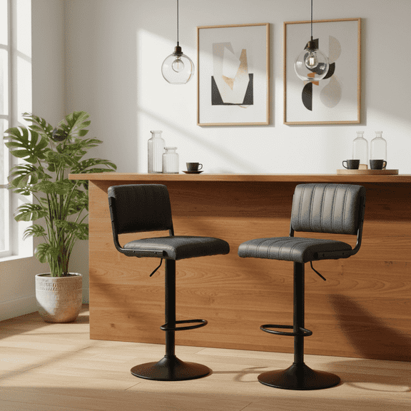 ENYLAY Adjustable Swivel Bar Stools Set of 2, Modern Faux Leather Counter Height Bar Chairs with Mid Back & Footrest for Kitchen Island Home Bar Pub, Black