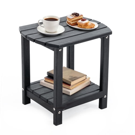 ENYLAY Adirondack Small Outdoor Side Table , Weatherproof HDPE Patio End Table with 2-Tier Storage for Firepit, Balcony, Garden, Poolside or Bathroom (Black, Set of 1)