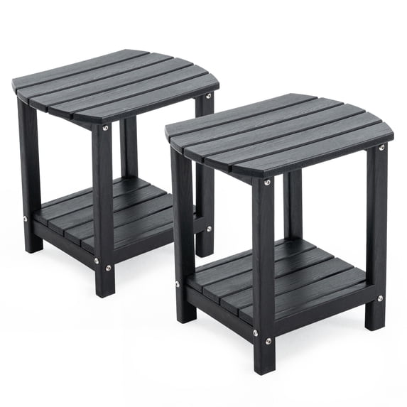 ENYLAY Adirondack Small Outdoor Side Table , Weatherproof HDPE Patio End Table with 2-Tier Storage for Firepit, Balcony, Garden, Poolside or Bathroom (Black, Set of 2)