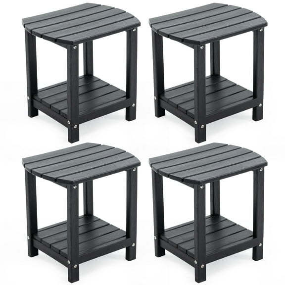 ENYLAY Adirondack Small Outdoor Side Table , Weatherproof HDPE Patio End Table with 2-Tier Storage for Firepit, Balcony, Garden, Poolside or Bathroom (Black, Set of 4)