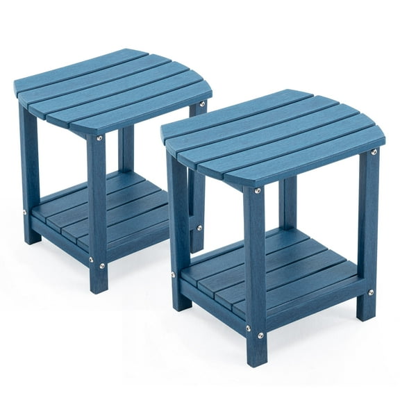 ENYLAY Adirondack Small Outdoor Side Table , Weatherproof HDPE Patio End Table with 2-Tier Storage for Firepit, Balcony, Garden, Poolside or Bathroom (Blue, Set of 2)