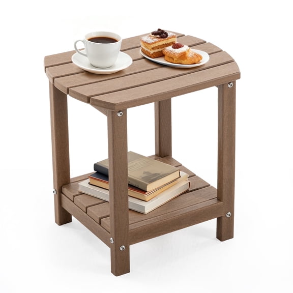 ENYLAY Adirondack Small Outdoor Side Table , Weatherproof HDPE Patio End Table with 2-Tier Storage for Firepit, Balcony, Garden, Poolside or Bathroom (Brown, Set of 1)