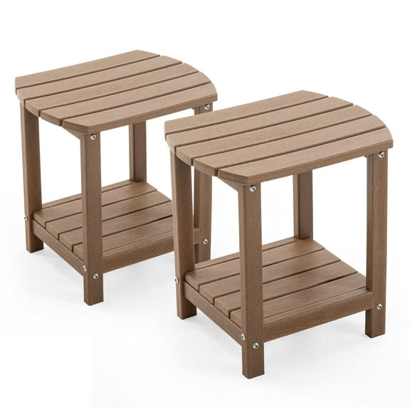 ENYLAY Adirondack Small Outdoor Side Table , Weatherproof HDPE Patio End Table with 2-Tier Storage for Firepit, Balcony, Garden, Poolside or Bathroom (Brown, Set of 2)