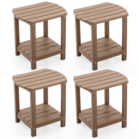 ENYLAY Adirondack Small Outdoor Side Table , Weatherproof HDPE Patio End Table with 2-Tier Storage for Firepit, Balcony, Garden, Poolside or Bathroom (Brown, Set of 4)