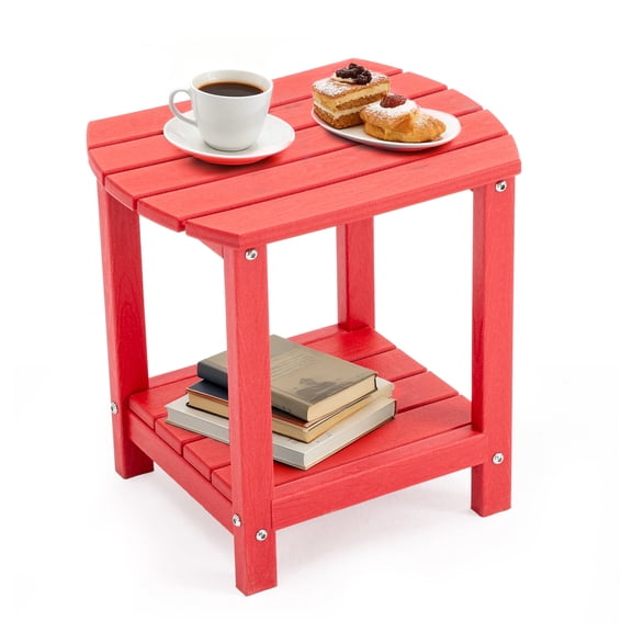 ENYLAY Adirondack Small Outdoor Side Table , Weatherproof HDPE Patio End Table with 2-Tier Storage for Firepit, Balcony, Garden, Poolside or Bathroom (Red, Set of 1)