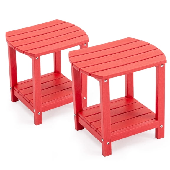 ENYLAY Adirondack Small Outdoor Side Table , Weatherproof HDPE Patio End Table with 2-Tier Storage for Firepit, Balcony, Garden, Poolside or Bathroom (Red, Set of 2)