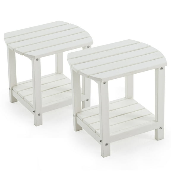 ENYLAY Adirondack Small Outdoor Side Table , Weatherproof HDPE Patio End Table with 2-Tier Storage for Firepit, Balcony, Garden, Poolside or Bathroom (White, Set of 2)