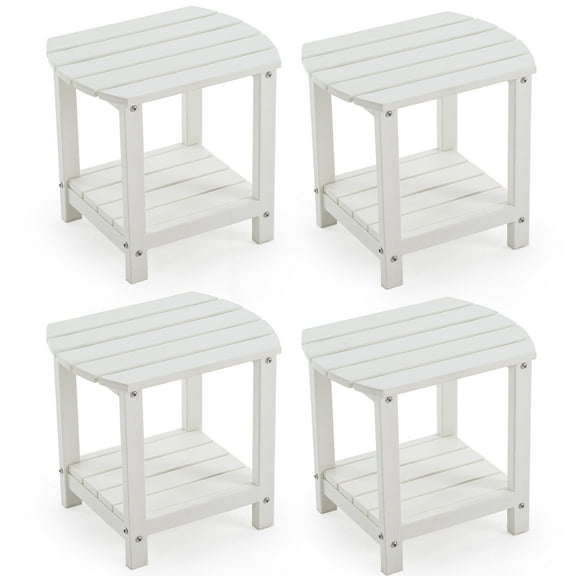 ENYLAY Adirondack Small Outdoor Side Table , Weatherproof HDPE Patio End Table with 2-Tier Storage for Firepit, Balcony, Garden, Poolside or Bathroom (White, Set of 4)
