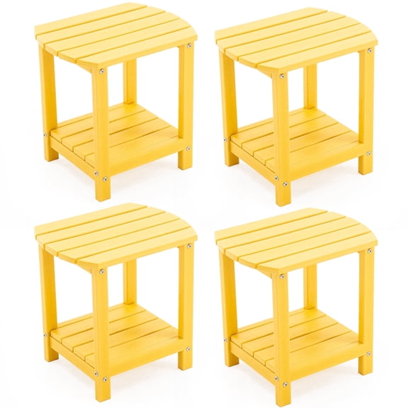 ENYLAY Adirondack Small Outdoor Side Table , Weatherproof HDPE Patio End Table with 2-Tier Storage for Firepit, Balcony, Garden, Poolside or Bathroom (Yellow, Set of 4)