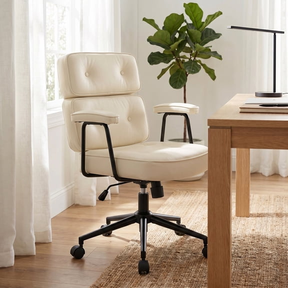 ENYLAY PU Leather Executive Office Chair, Extra Wide Ergonomic Computer Chair with Lumbar Support, Swivel Rocking, Adjustable Height & Thickened Cushions, Mid Back (White)