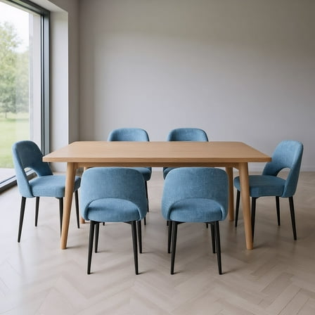 ENYLAY Comfortable Blue Linen Upholstered Chair with Arc Backrest, Simple Design for Home/Restaurant Table(Blue,Set of 6)