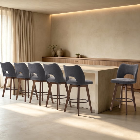 ENYLAY Counter Height Swivel Bar Stools Set of 6, Gray Fabric Bar Chairs with Cutout Back, Wood Legs for Kitchen Island