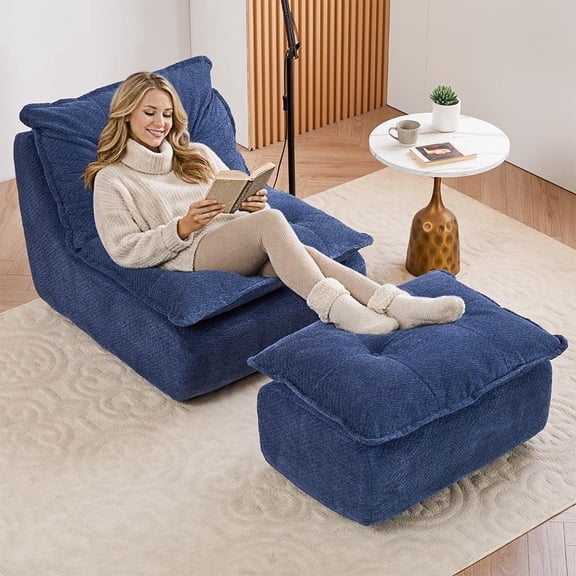 ENYLAY Single Chaise Lounge Chair, 62.2" Lazy Sofa Bean Bag Chair with Ottoman – Modern Boneless Floor Lounger for Bedroom or Living Room, Cozy Cloud Sleeper (Blue)