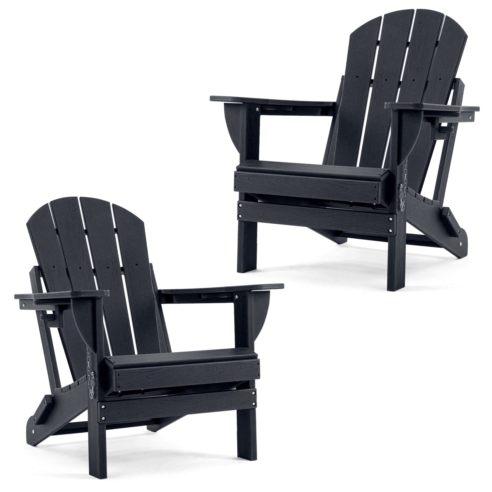 ENYLAY Folding Adirondack Chair with Dual Cup Holders & Phone Holder, All-Weather HDPE Fire Pit Chairs for Outdoor, Patio, Poolside, Garden(Black,Set of 2)