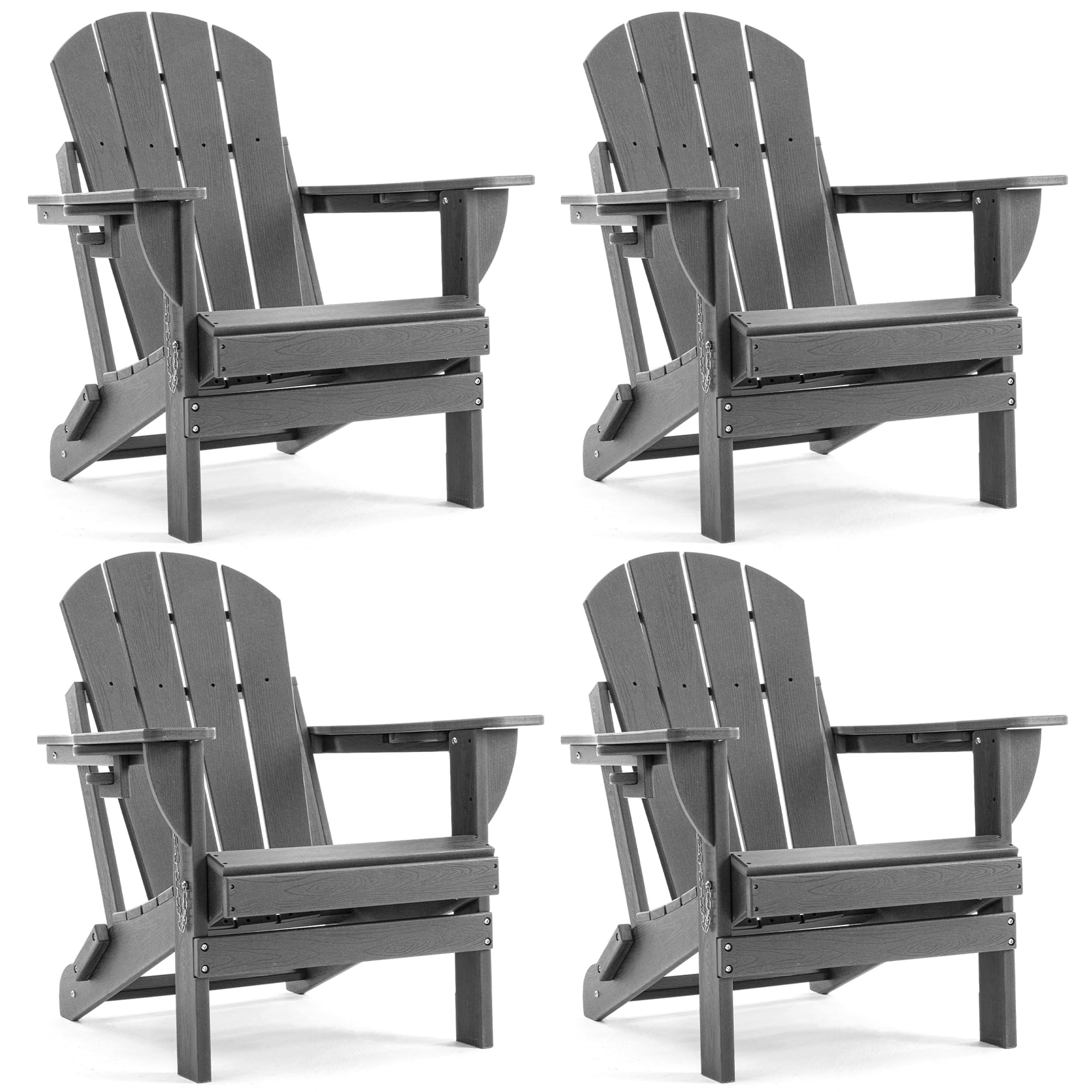 ENYLAY Folding Adirondack Chair with Dual Cup Holders & Phone Holder, All-Weather HDPE Fire Pit Chairs for Outdoor, Patio, Poolside, Garden(Grey,Set of 4)